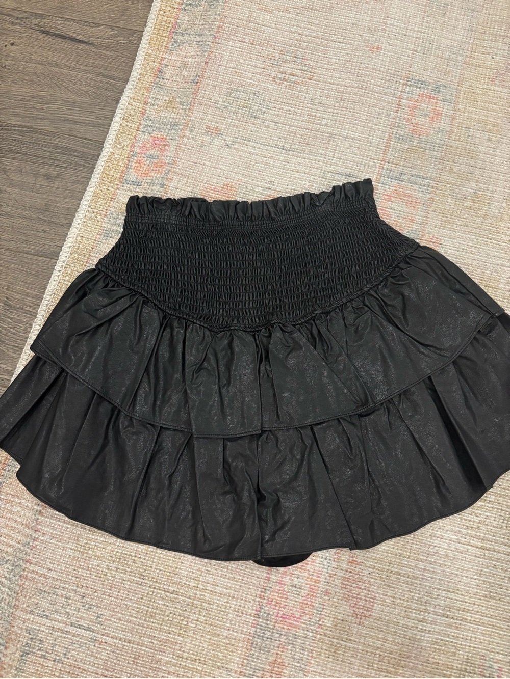 Black Ruffled Tiered Leather Skirt